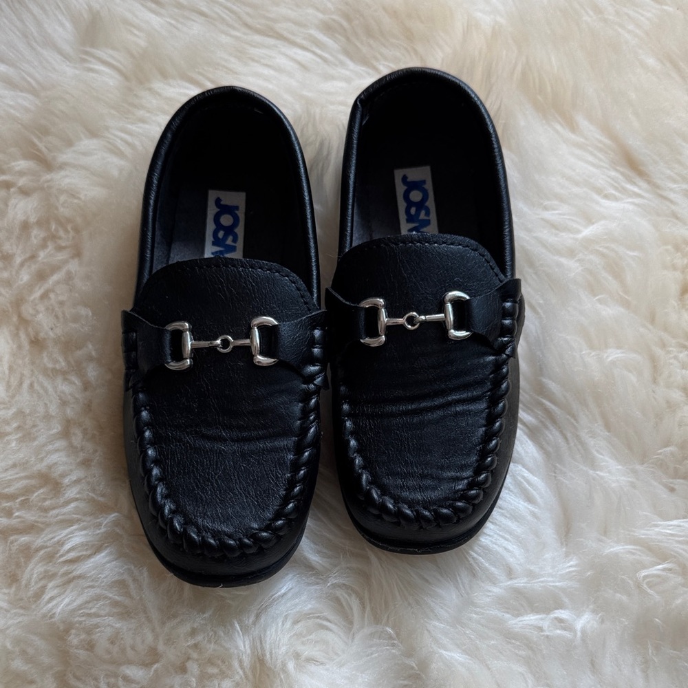 Black Leather Loafers with Silver Buckle